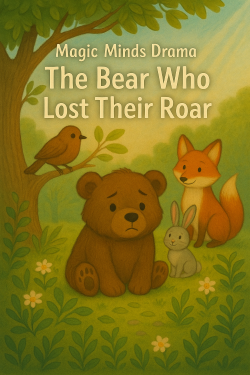 Children's book cover titled 'The Bear Who Lost Their Roar' with illustrations of a bear, a fox, a bird, and a rabbit in a green forest setting.