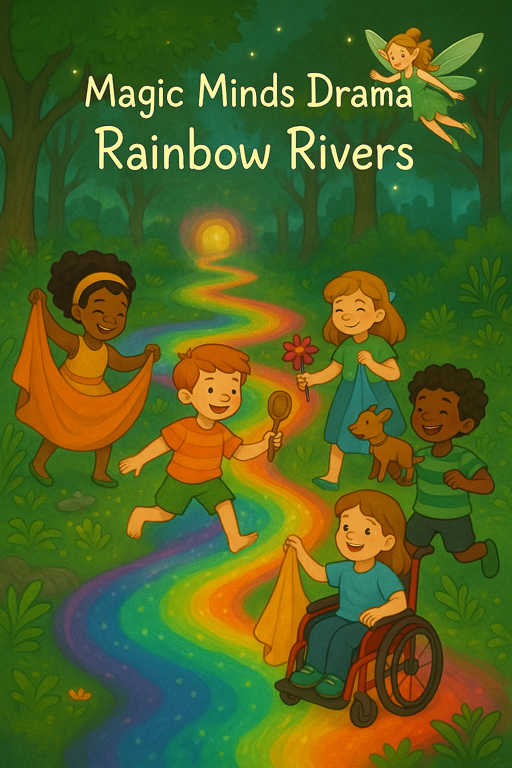 Children playing in a forest with a rainbow-colored river, including a girl in a wheelchair and fairy in the sky, with the title "Magic Minds Drama Rainbow Rivers" at the top.