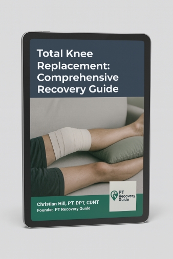 Person in red jacket walking on a tree-lined dirt path during sunset, with their hands on head, surrounded by fallen leaves.