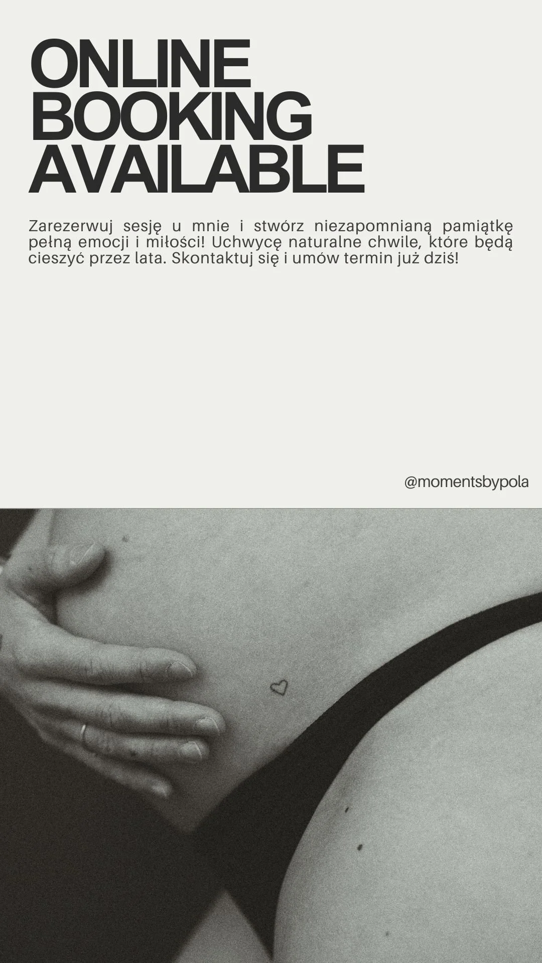 Promotional poster with text "ONLINE BOOKING AVAILABLE" and an image of a hand on a pregnant belly with a heart tattoo.