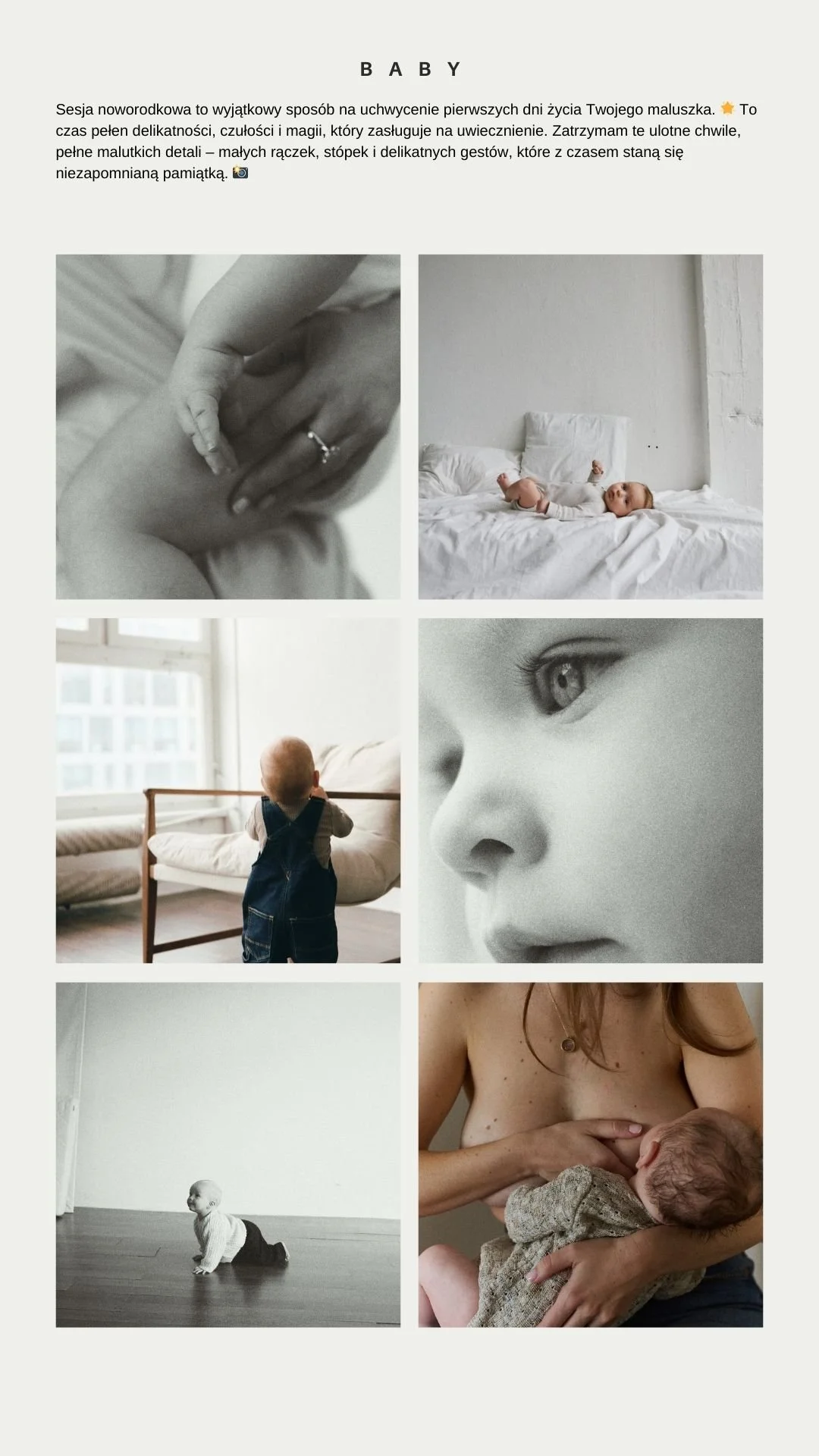 Collage of baby-related images including a baby lying on a bed, a baby crawling, a close-up of a baby's eye, a mother breastfeeding, and a baby standing in front of a sofa. Text in Polish about newborn photography.