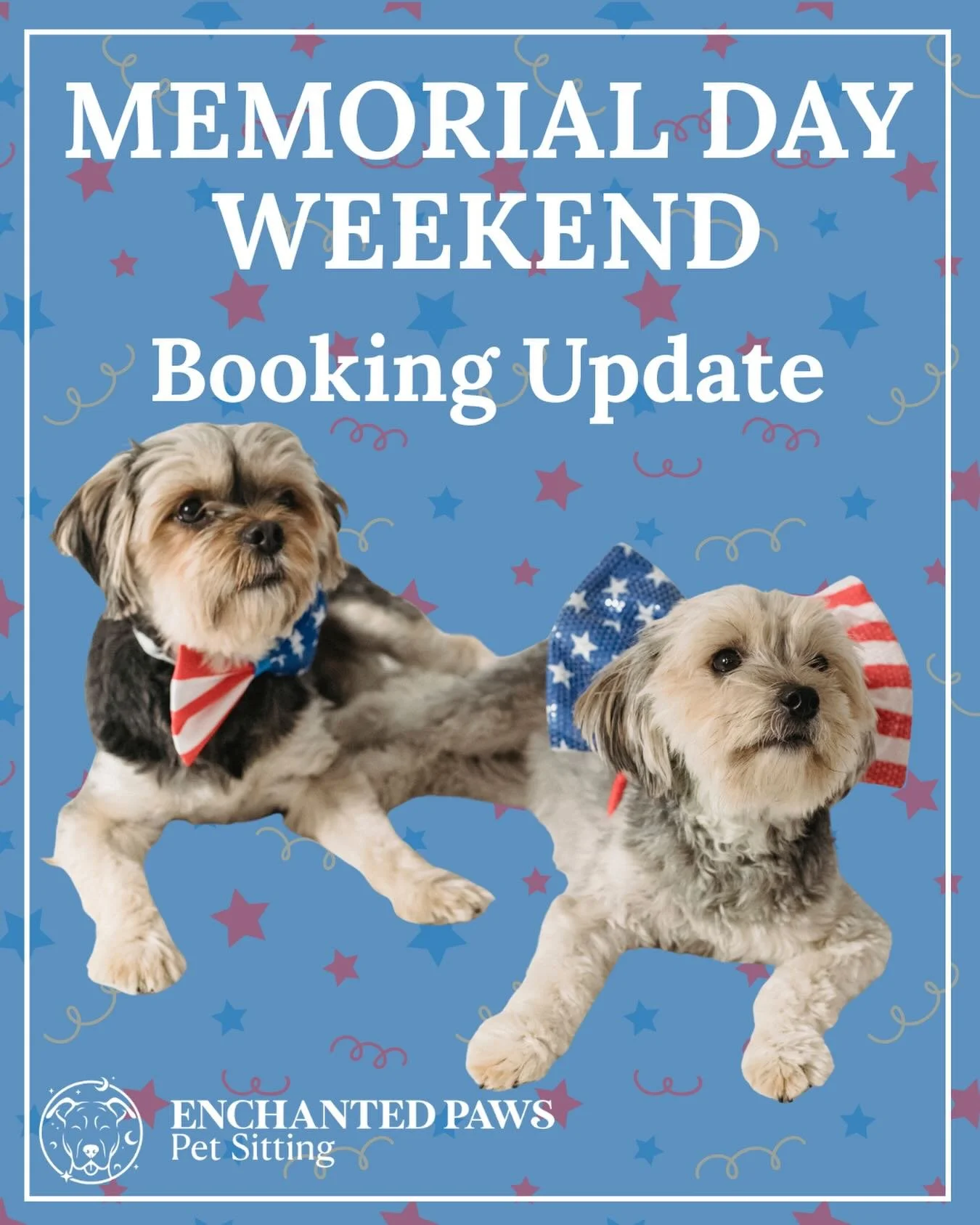 🚨Memorial Day Weekend Booking Update🚨

*We are fully booked for boarding!
*Only one more available spot for a house sitter.
*Availability still open for drop ins.

Please send us a message or give us a call ASAP to get on our books!

#petsittingmem