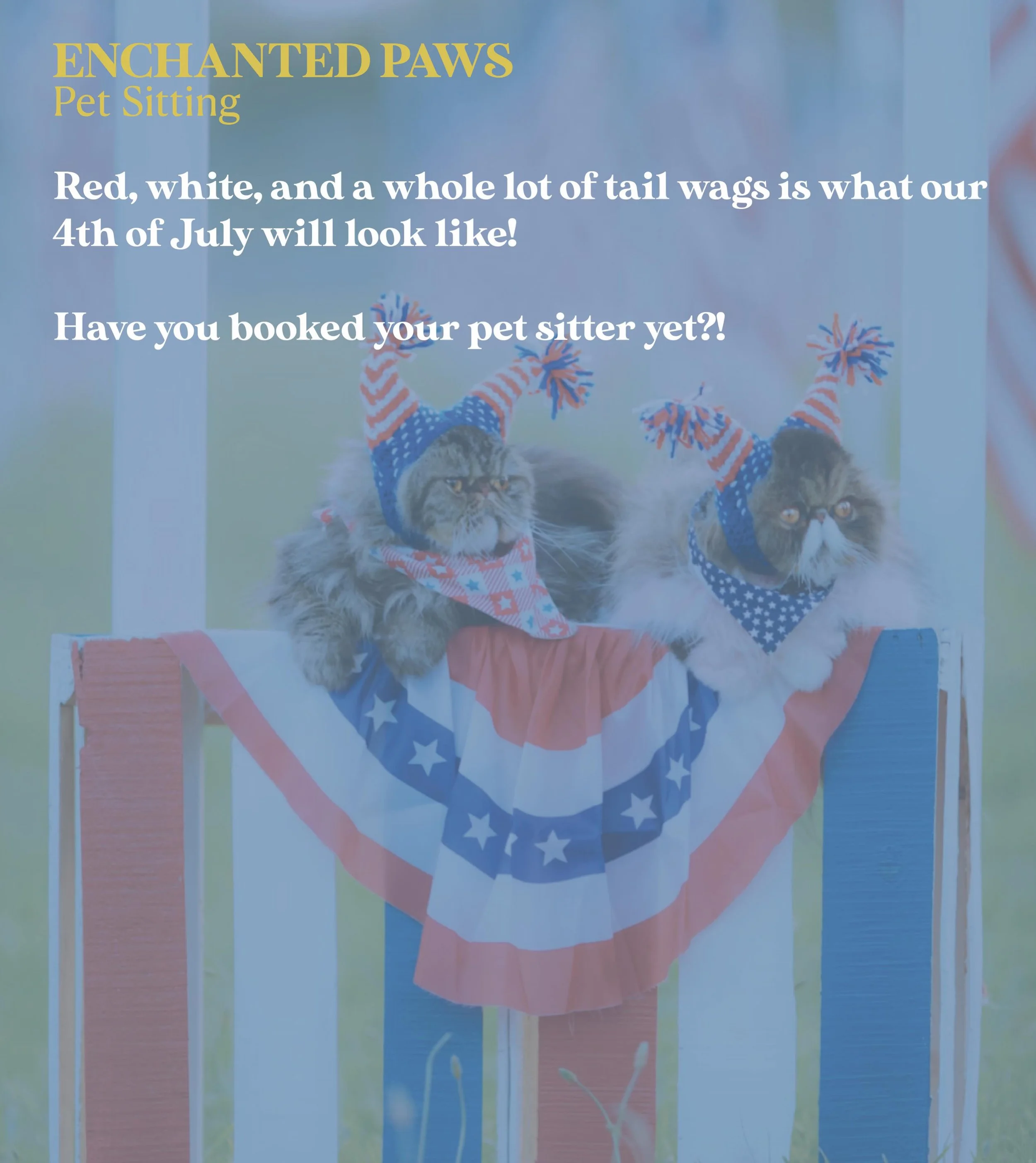 Secure your 4th of July sitting and boarding spots now! We are booking up and want to make sure your pet gets the reliable and loving care they deserve! 

We have 1 boarding room left open and drop-in/walk availability. Our house sitters are booked! 