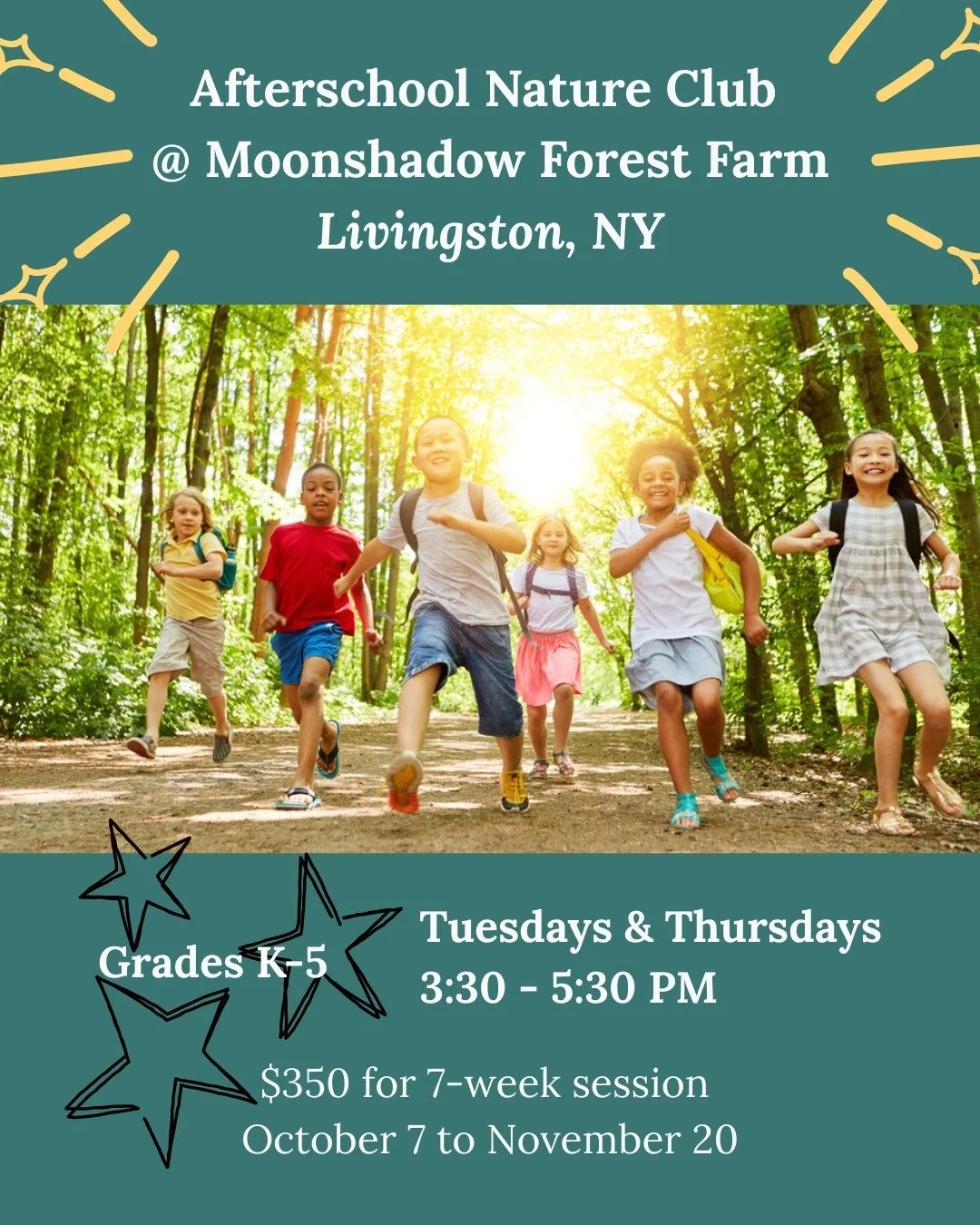 This Fall, we can't wait to welcome kids ages 5-10 to Moonshadow Forest Farm for our Afterschool Nature Club! Nature Club is designed to foster curiosity, teamwork, and a deeper connection to the natural world&mdash;all while having fun outside. For 