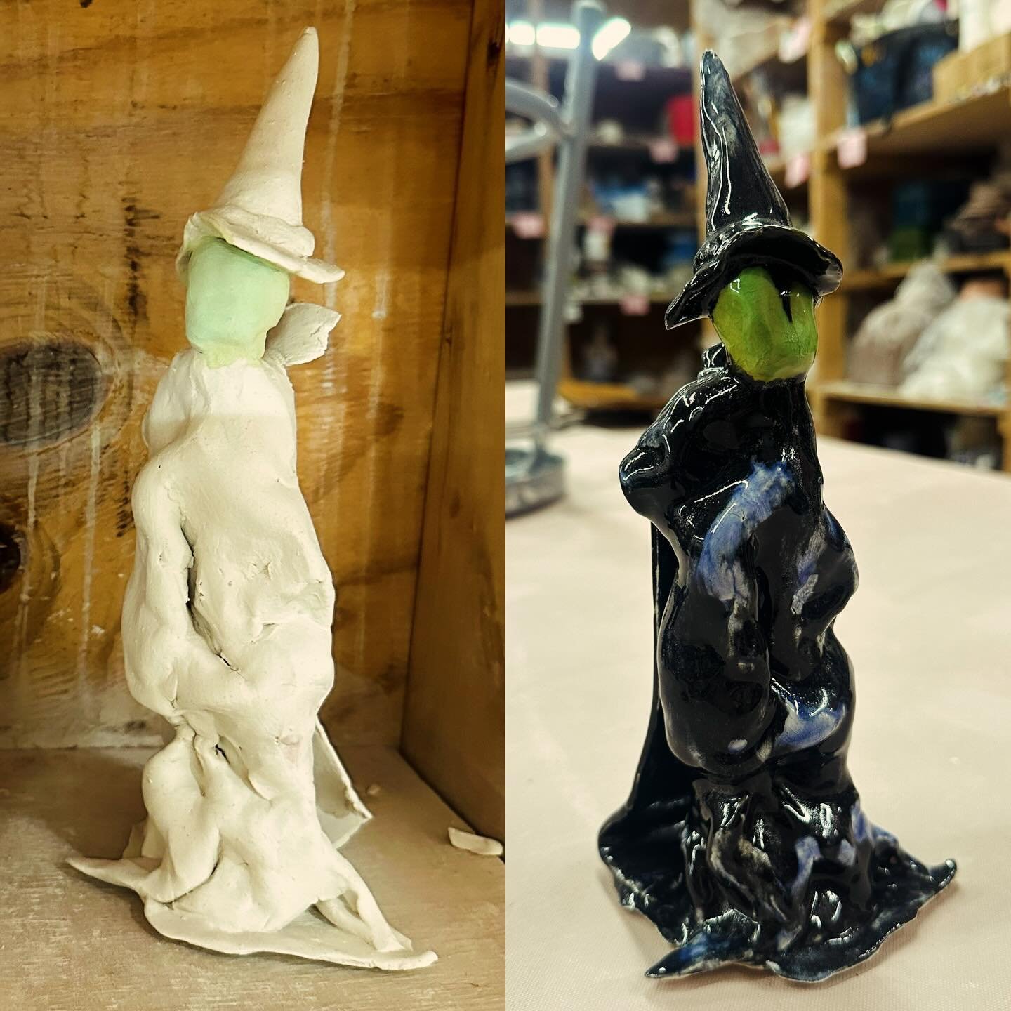 Self portrait before and after glaze firing ๐ง๐ป‍โ๏ธ
#madeatlillstreet #witchesofinstagram #pottery