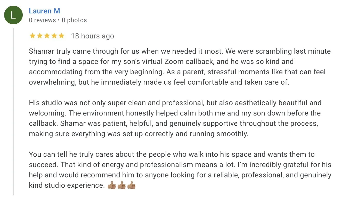 Screenshot of a positive customer review for a photography studio, praising the photographer named Shamar for his professionalism, patience, and beautiful studio environment.