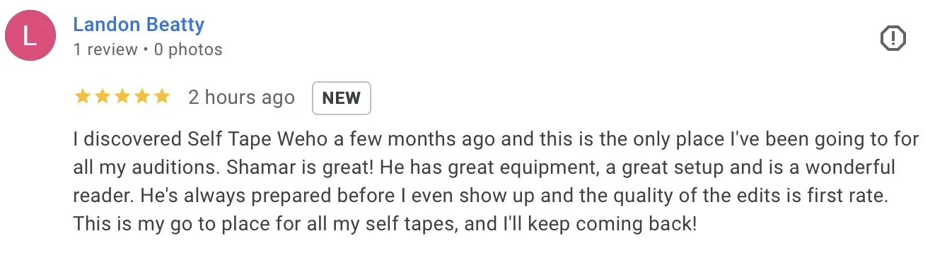 Customer review praising Shamar at Self Tape Weho for his equipment, setup, and editing skills, and recommending his service for self tapes.