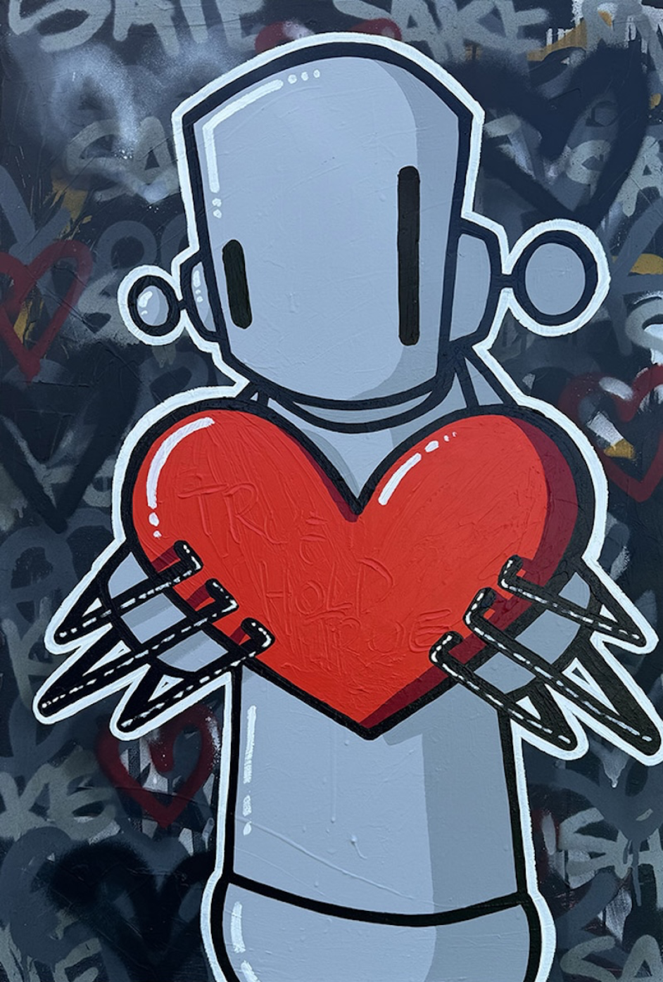 Street art graffiti of a robot holding a large red heart, set against a background with many layers of graffiti tags and symbols.