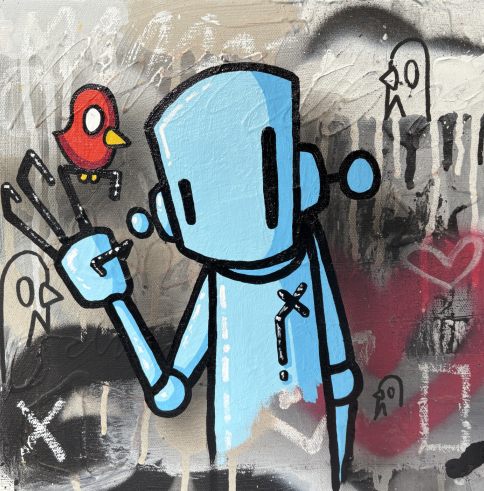 A street art painting features a blue robot giving a peace sign, with a red bird sitting on its finger, and a background of graffiti with skull and heart images.