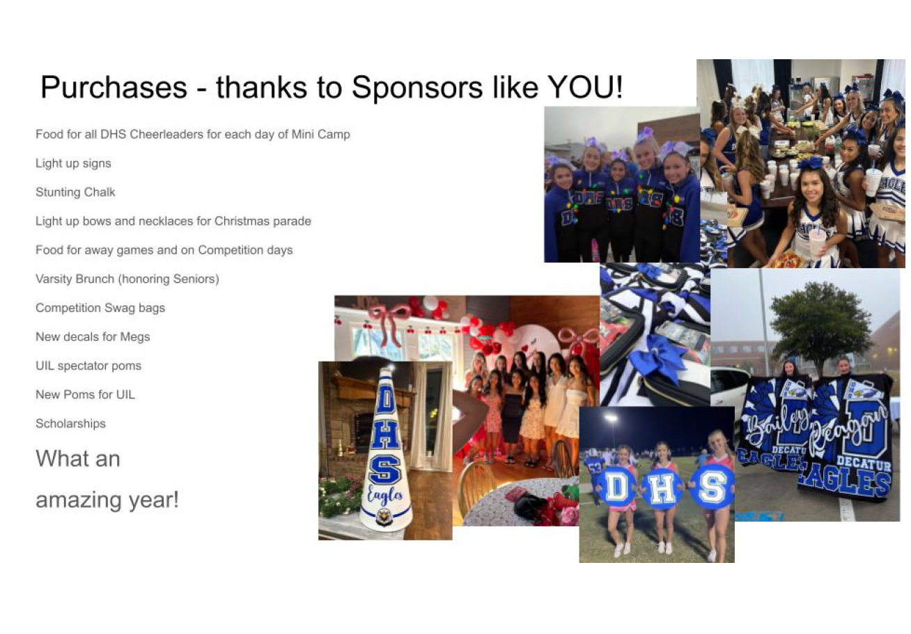 A collage of photos featuring cheerleaders, decorated cheerleading gear, and celebratory events at a school. The text on the left thanks sponsors and lists various cheerleading activities and achievements for the year.