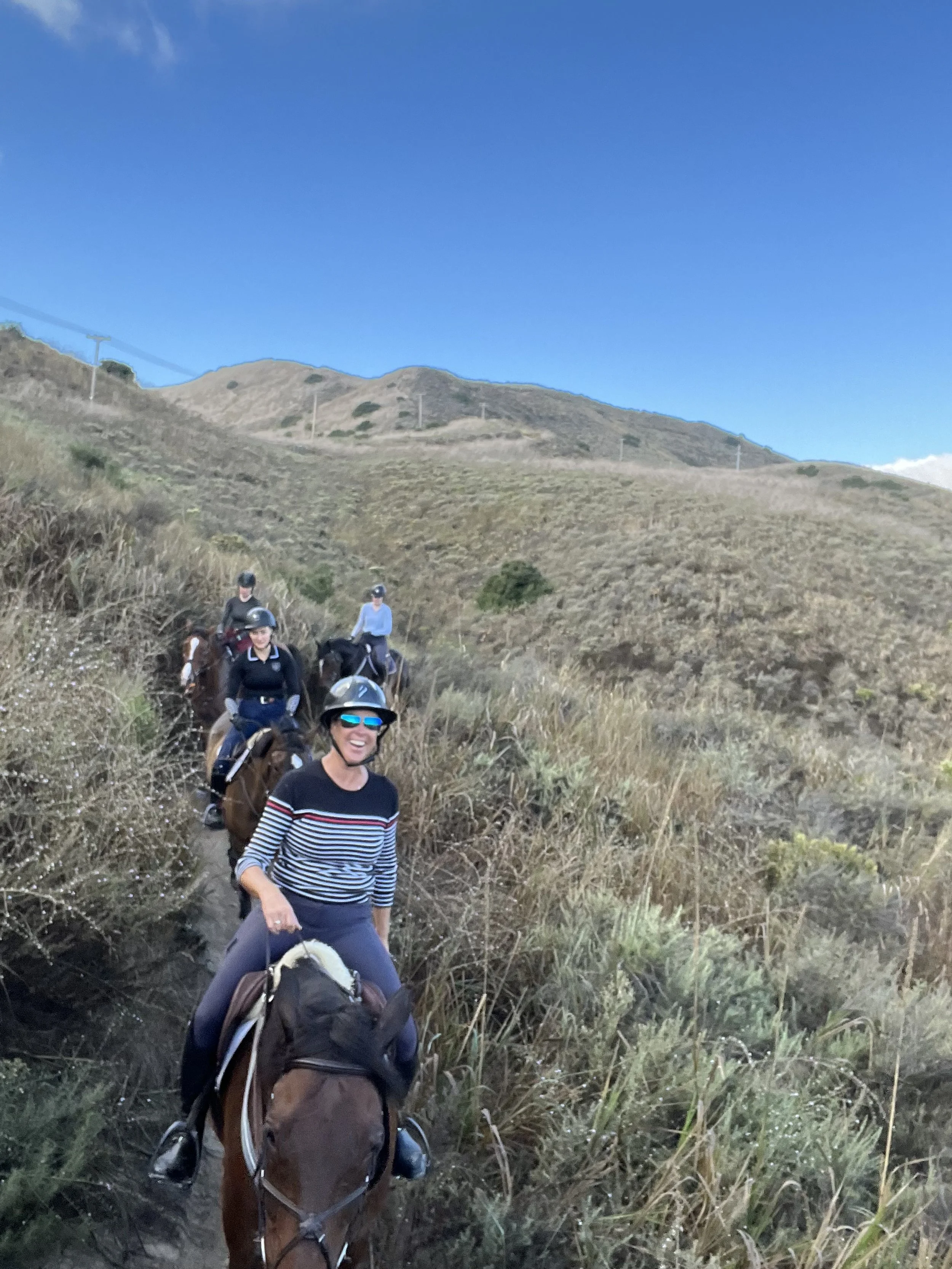 Group of people riding horses on a trail through a hilly, grassy landscape with a clear blue sky.