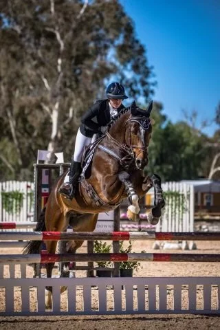 Equestrian rider in black riding a jumping horse over a fence at an outdoor competition.