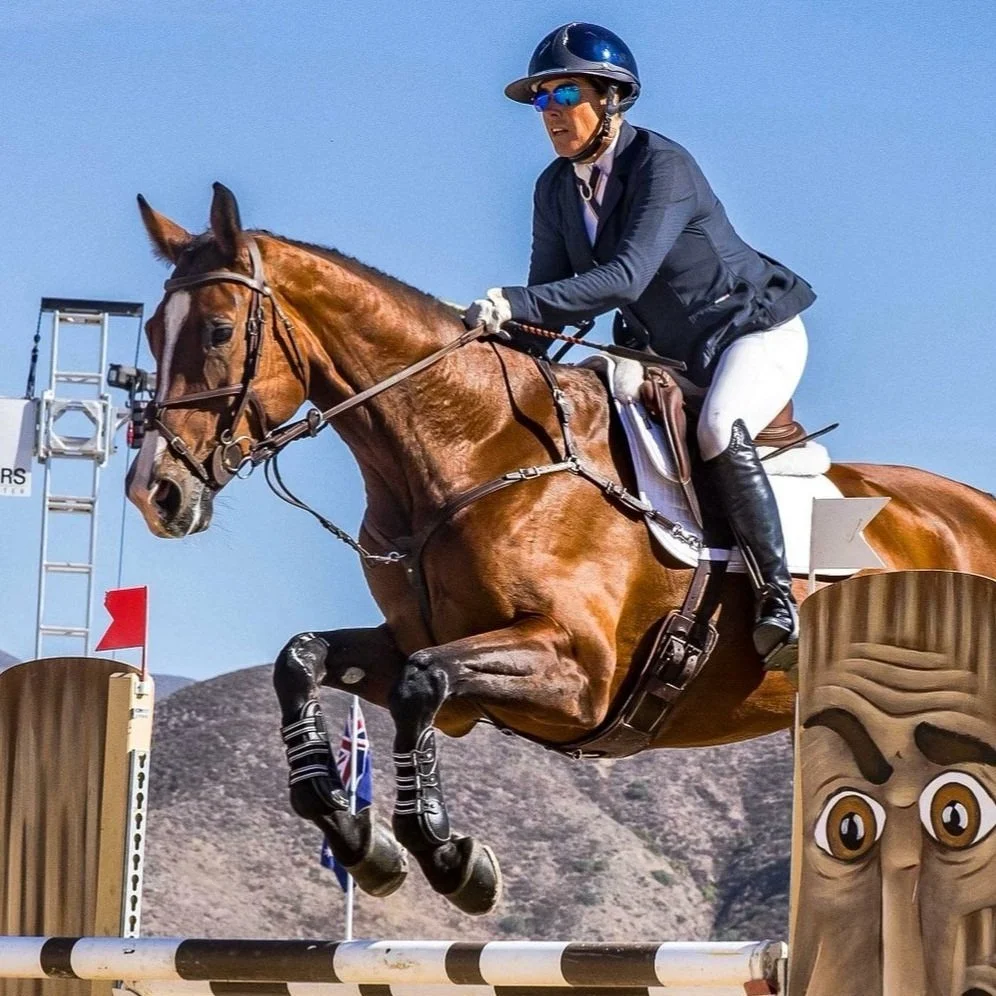 A woman riding a horse in an equestrian jump event, mid-air over a wooden obstacle with a cartoonish face, outdoors on a sunny day with blue sky and mountains in the background.