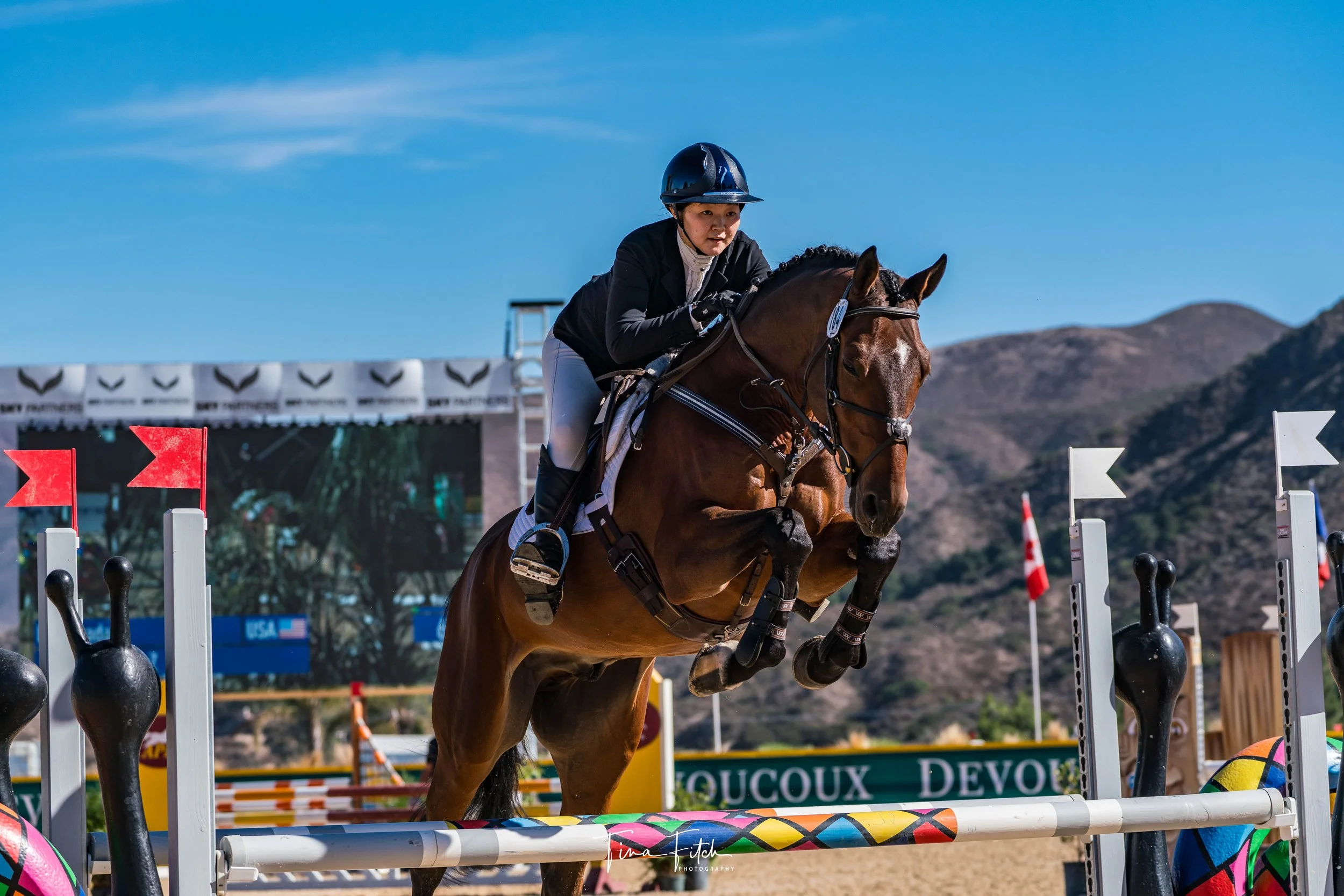 A female equestrian rider wearing a black helmet and attire guides her brown horse over a show jumping obstacle during a competition on a sunny day with clear blue skies. Mountains are visible in the background.