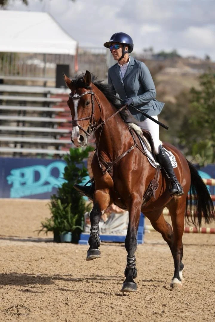 A woman in a blue riding jacket, white pants, and black helmet rides a brown horse with a white stripe on its face during an equestrian competition on a sandy arena.