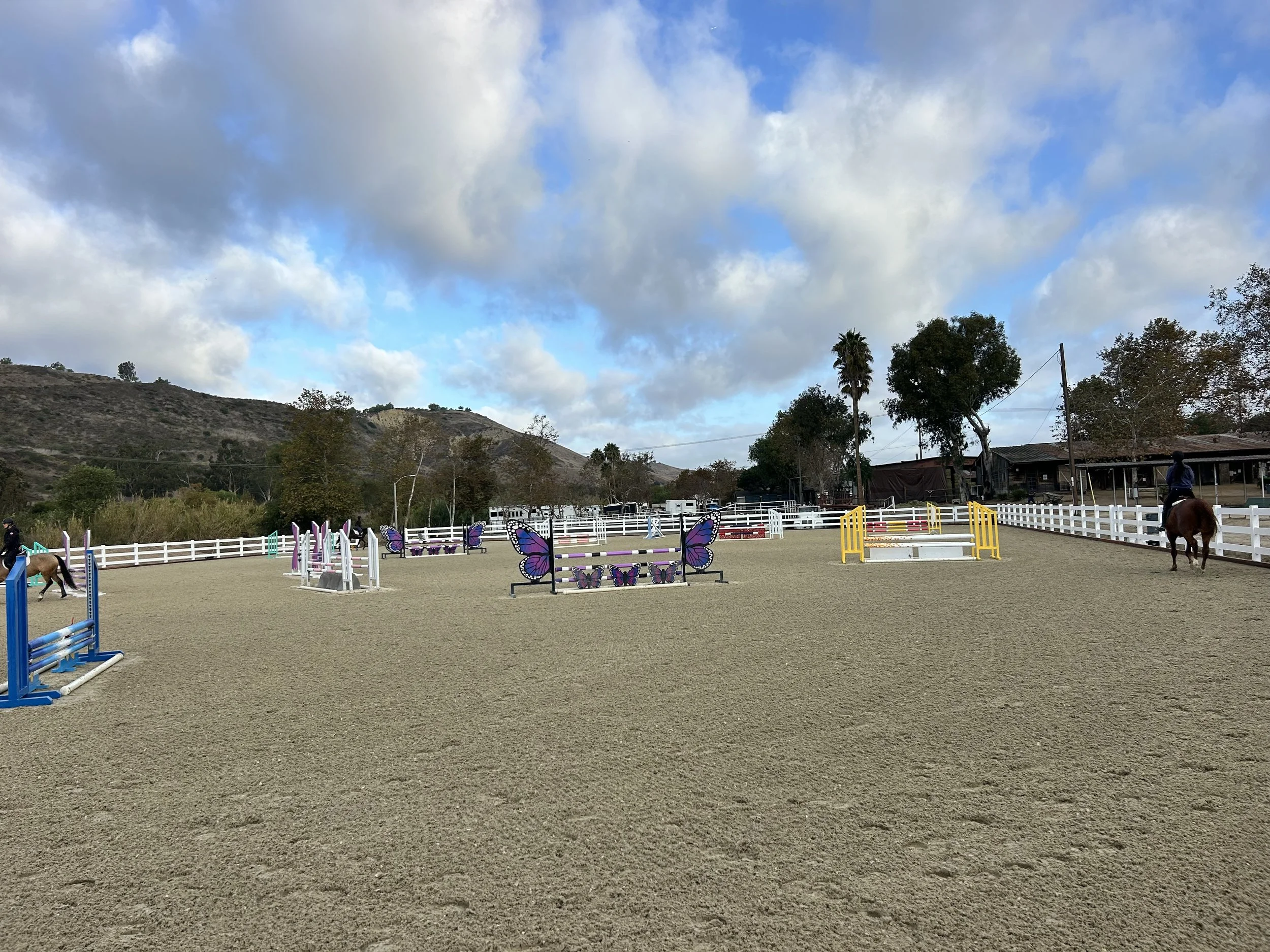An outdoor equestrian arena with jump obstacles, including colorful butterfly-themed decorations, surrounded by a white fence. The background features hilly terrain, trees, and a partly cloudy sky.