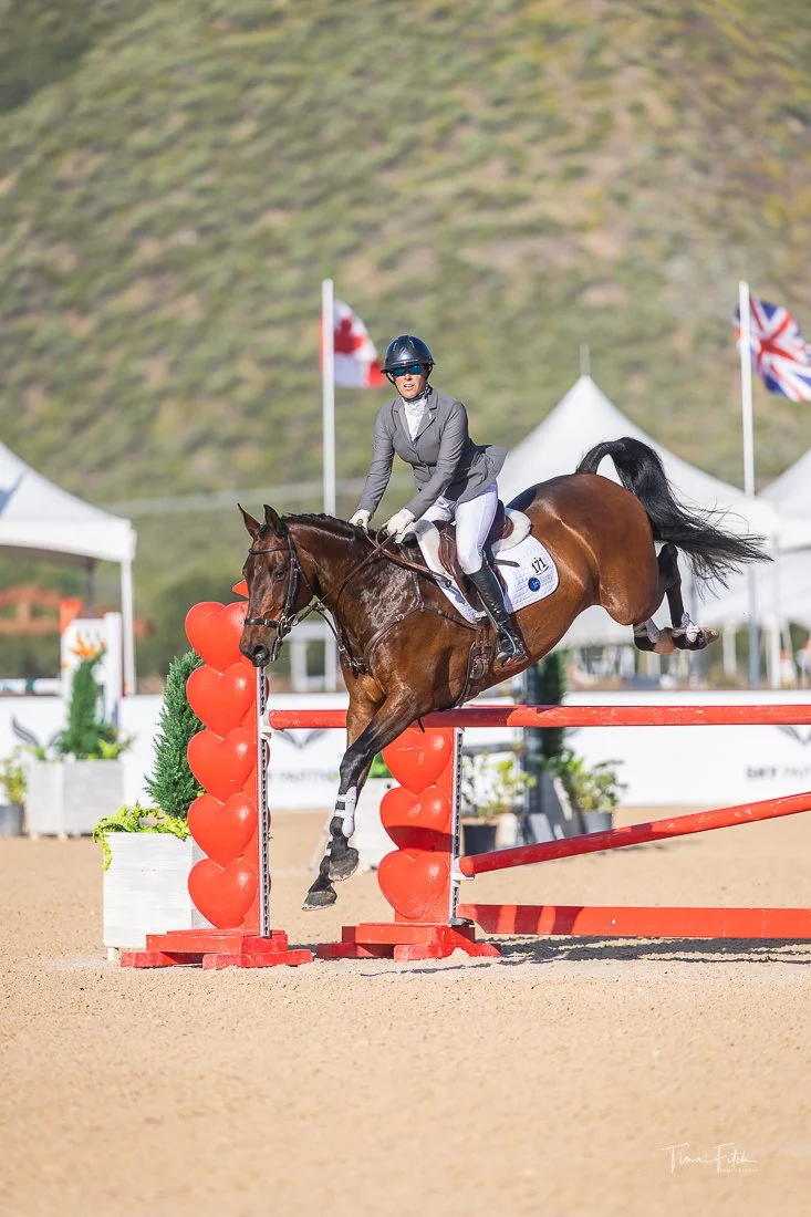 A female equestrian in formal riding attire guiding a brown horse on a jump during a show jumping competition with tents and flags in the background.