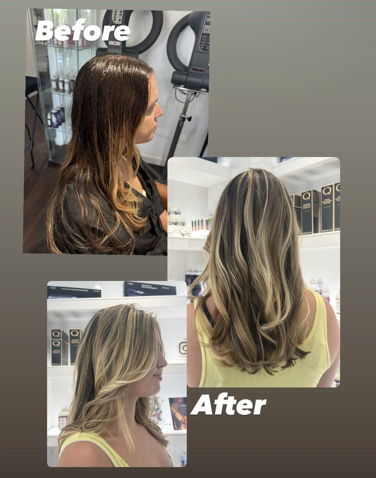 Comparison of a woman's hair before and after a professional coloring treatment, showing darker hair in the "Before" image and lighter, highlighted hair in the "After" images.