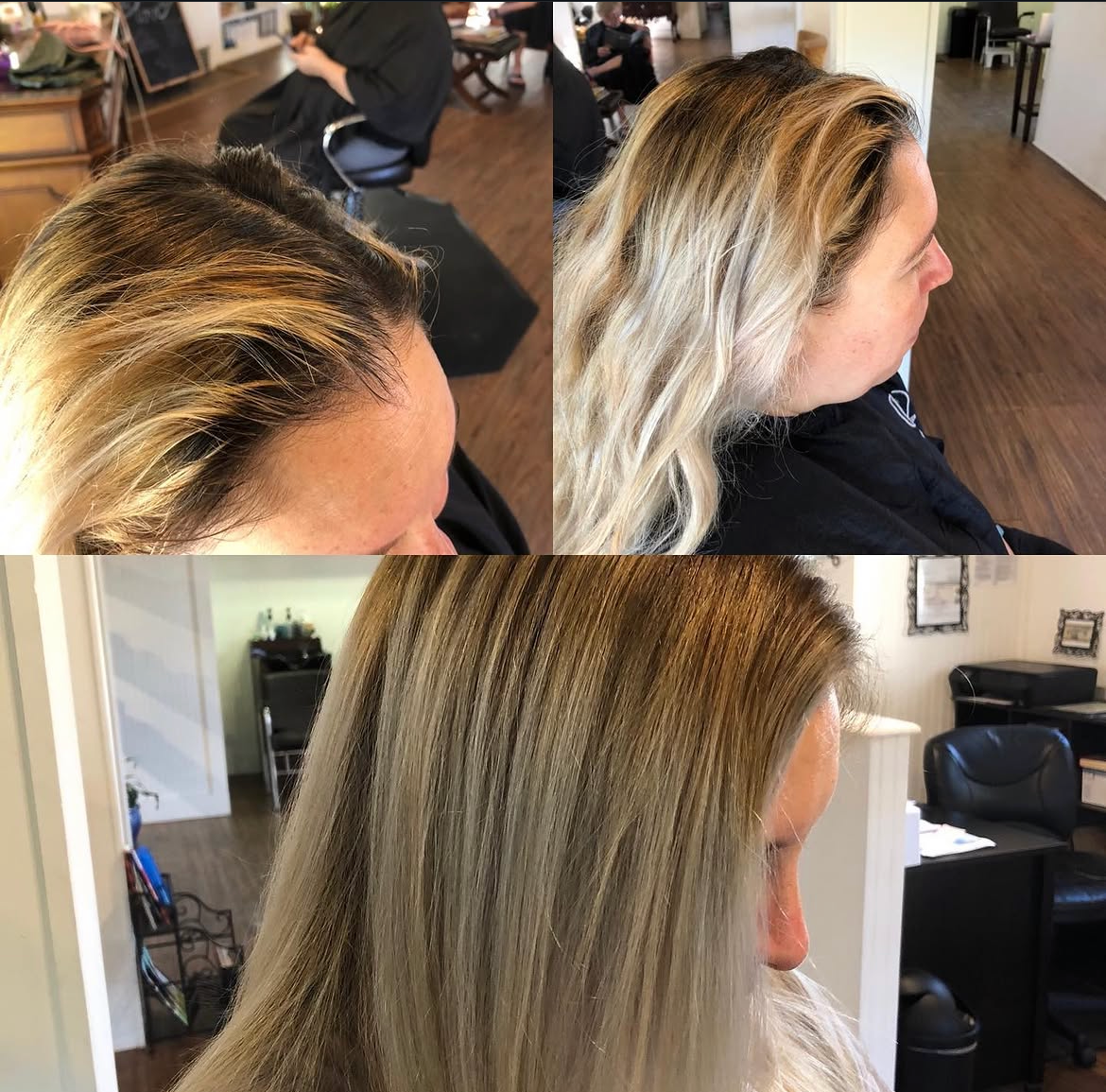 Before and after images of a woman's hair transformation showing a change from dark roots to blonde highlights.