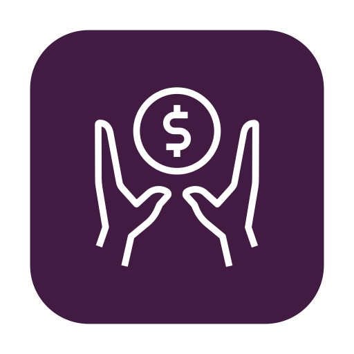 Outline drawing of two hands holding a dollar coin inside a rounded square purple background.