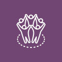 Simple line drawing of two frogs facing forward with a dotted circle around them, on a purple background.