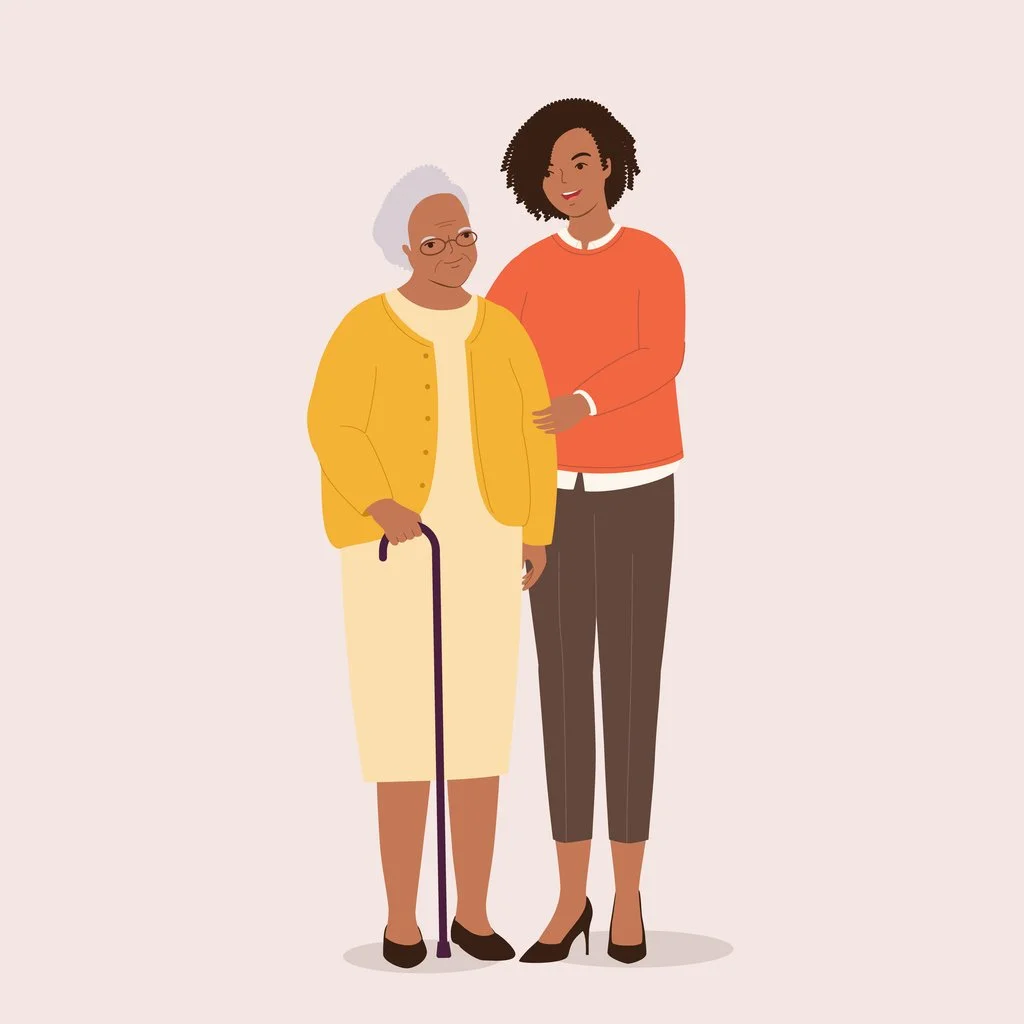 An illustrated depiction of an elderly woman with gray hair and glasses, using a cane, standing next to a younger woman with curly hair, both smiling and dressed in casual clothing.