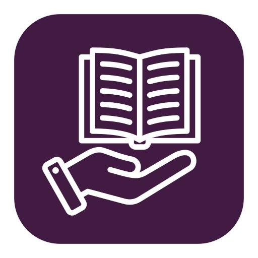 An icon of an open book above a hand, representing reading or education.