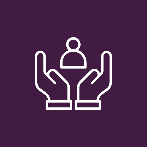 Outline icon of two hands holding a person or user symbol on a purple background.