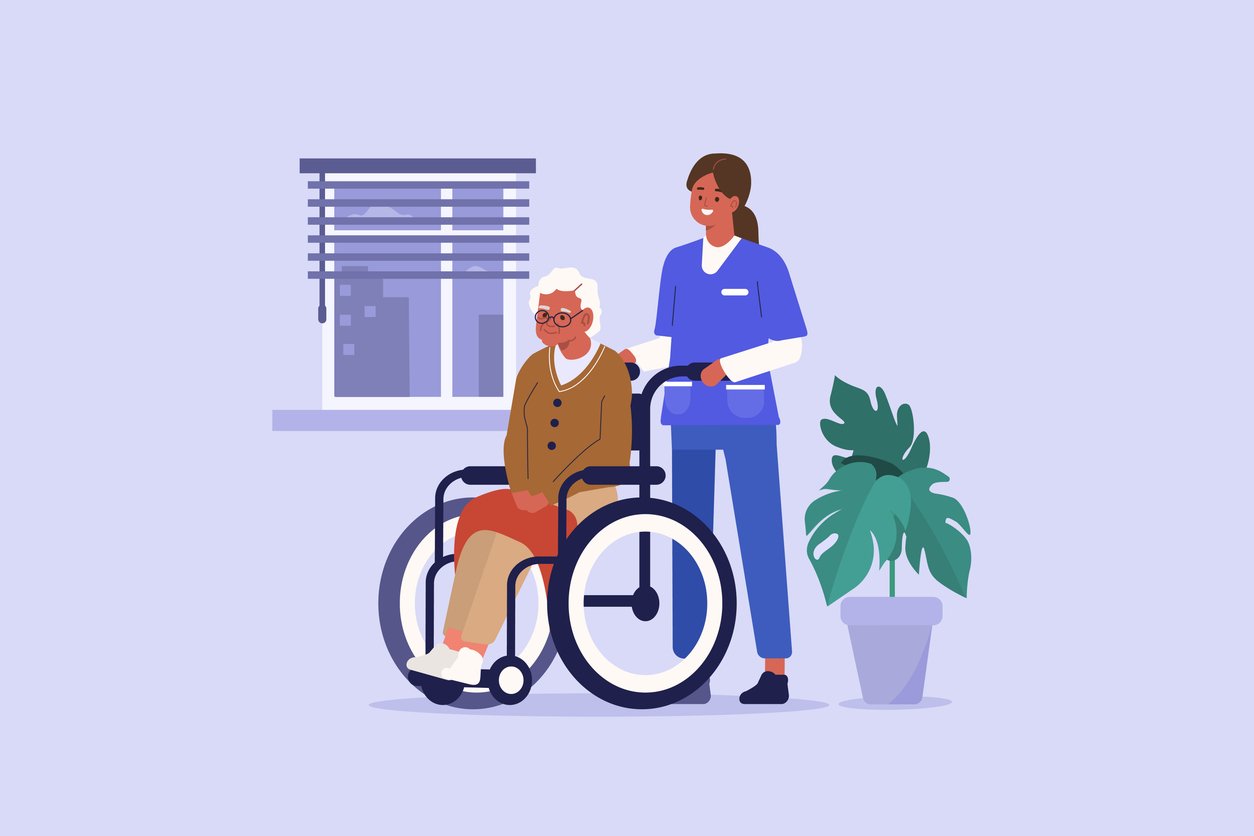 A caregiver assisting an elderly woman in a wheelchair inside a room with a window and a potted plant.