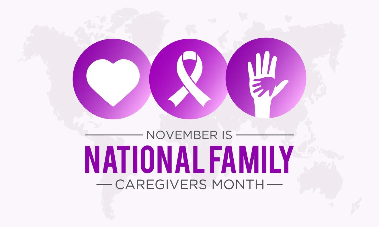 Purple icons representing heart, ribbon, and hand over a world map background, with text saying "November is National Family Caregivers Month."