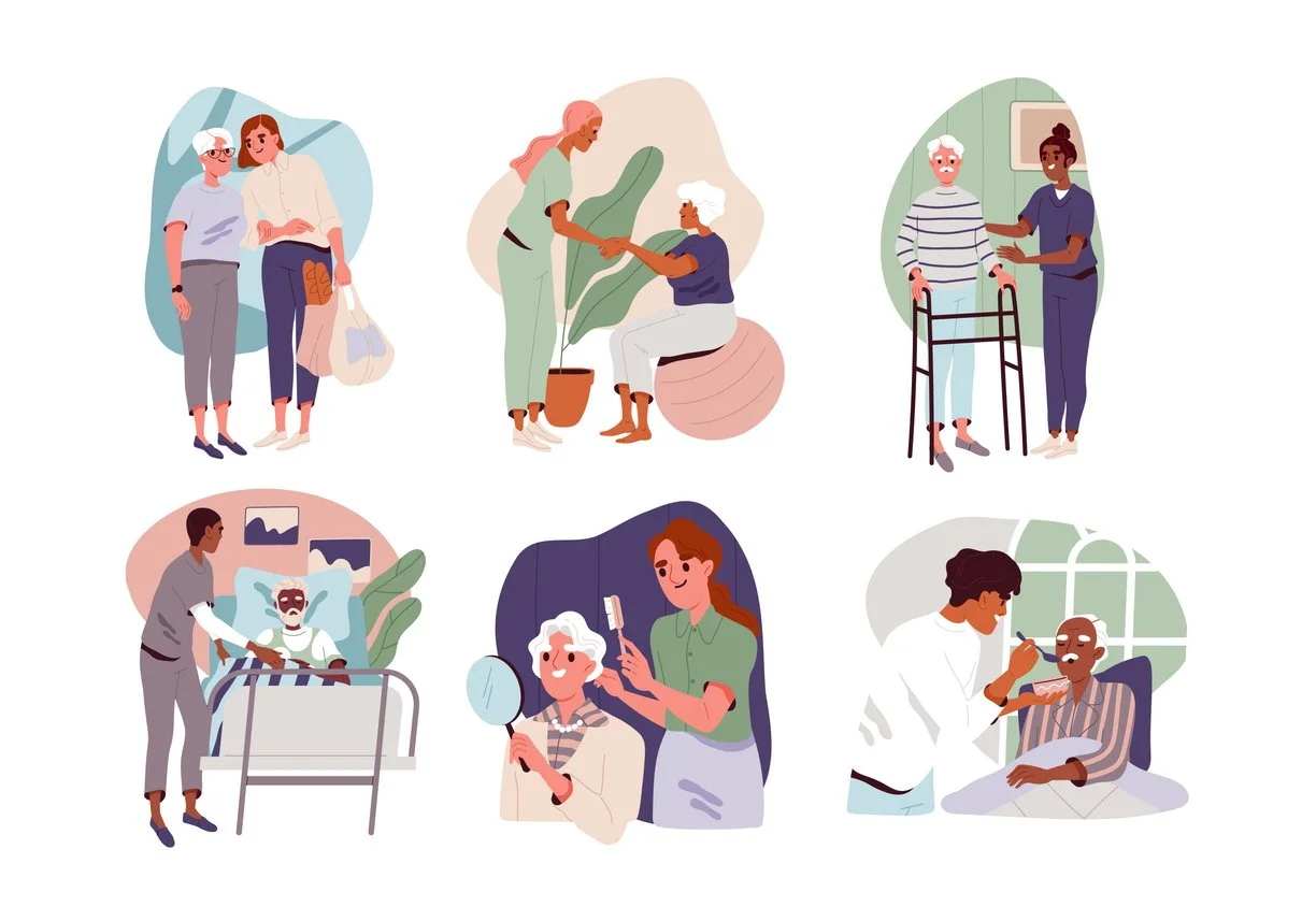 Illustration of various healthcare and caregiving scenes, including two women walking and chatting, a caregiver helping an elderly woman plant, a caregiver assisting an elderly woman with walker, a nurse tending to a patient in bed, a woman doing her hair in front of a mirror, and a healthcare professional feeding an elderly man.