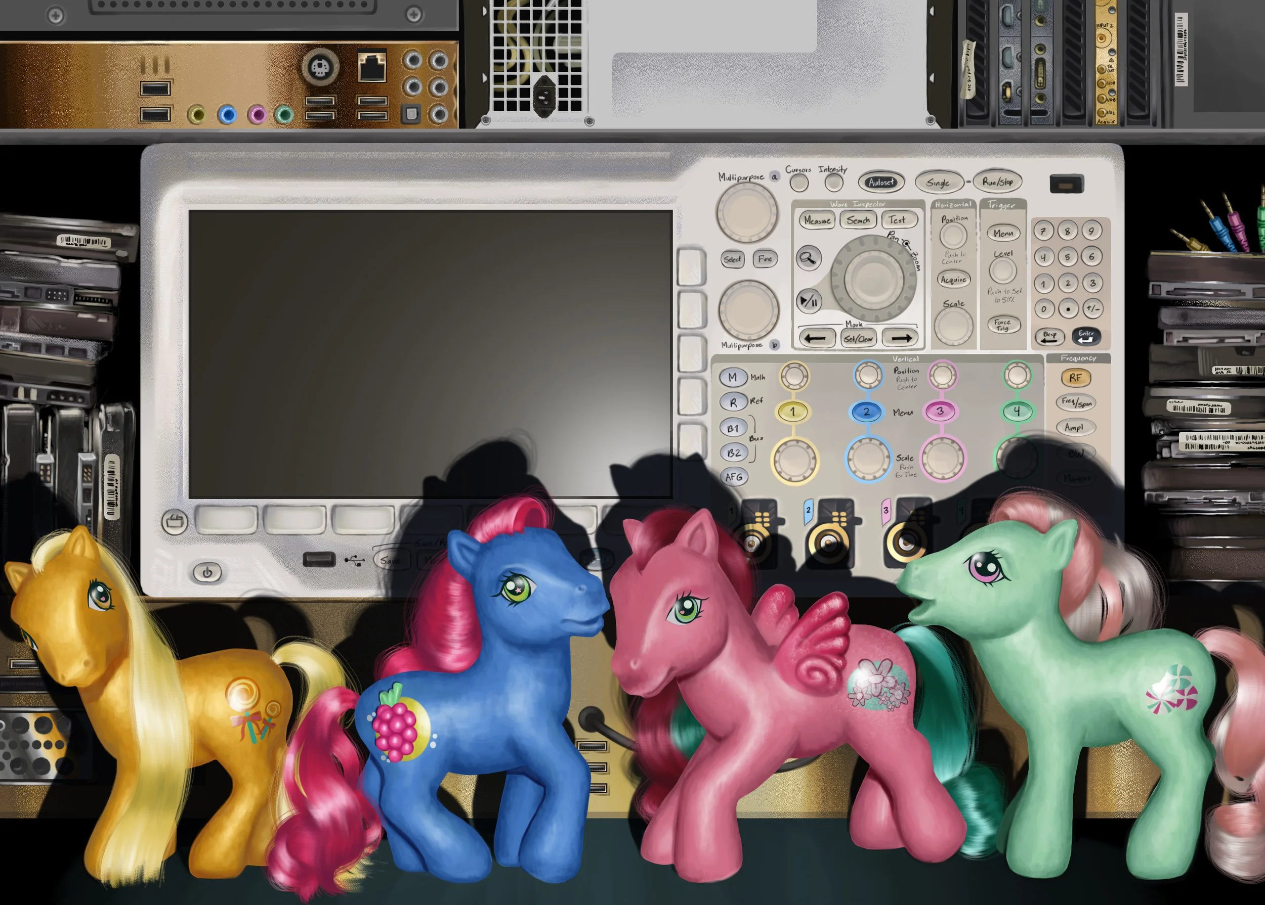 Butterscotch, Summer Berry, Twinkle Bloom, Minty, and the Oscilloscope