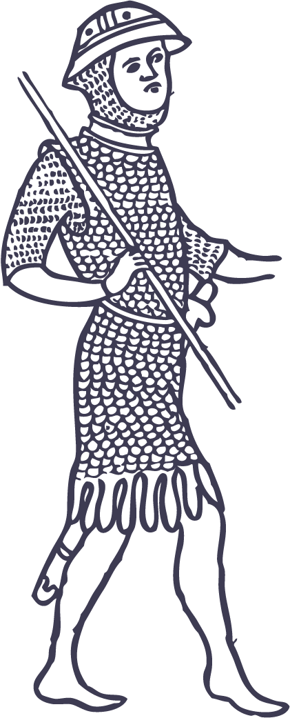 decorative element: Outline illustration of a medieval knight in armor holding a spear.