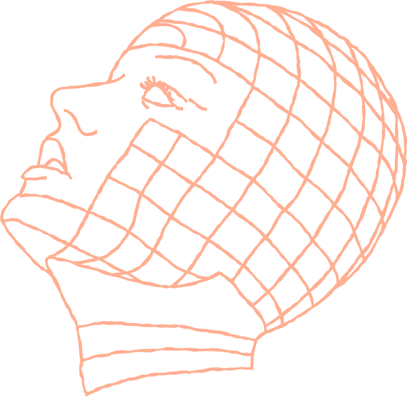 decorative element: wireframe line drawing of a woman's head