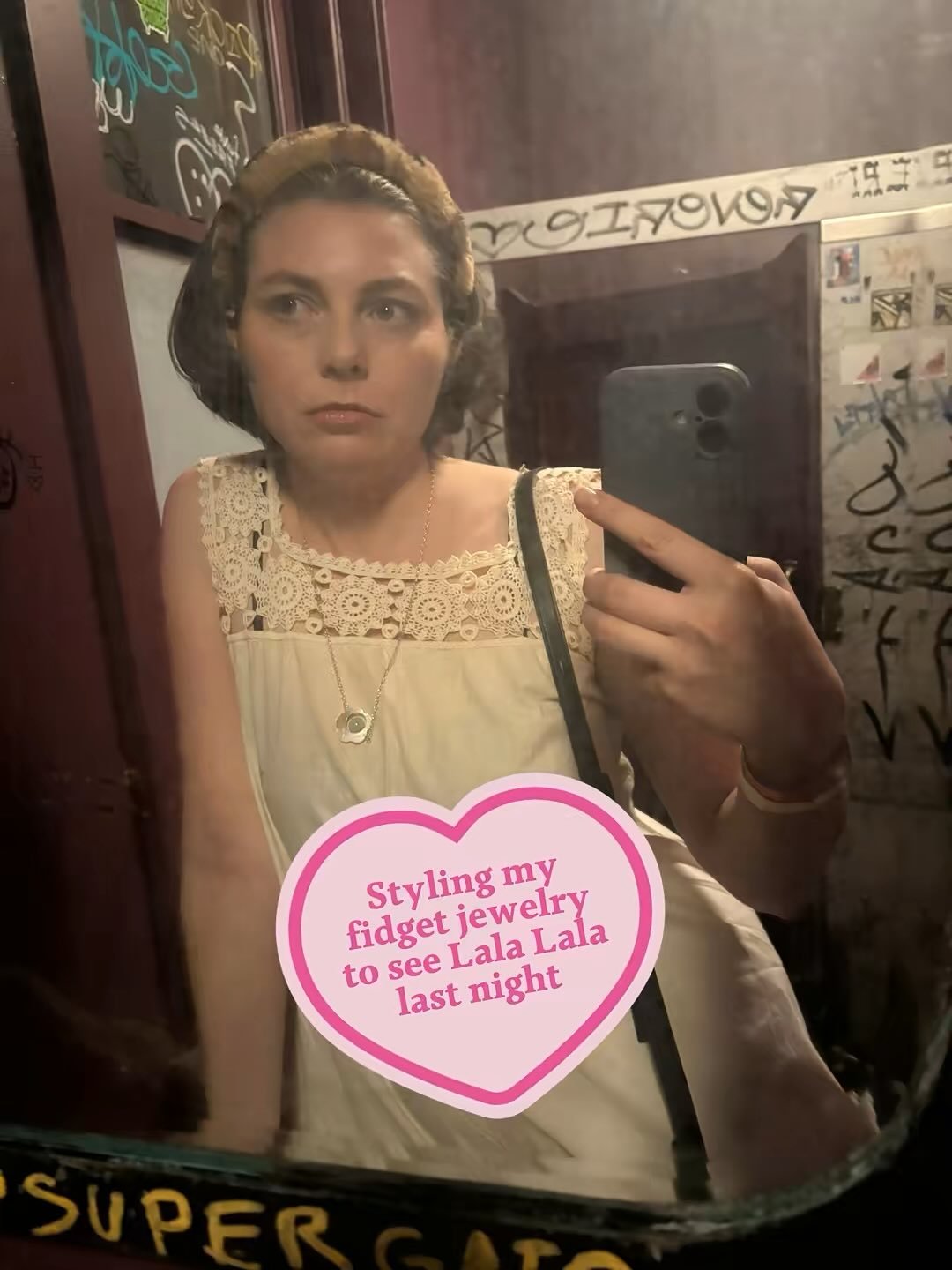 Styling my fidget jewelry for sensory regulation at the indie rock show to see @lillielala_music . Worn with Victorian undergarments and the softest fluffiest leopard print headband and tartan socks. #autisticadult #fidgetjewelry