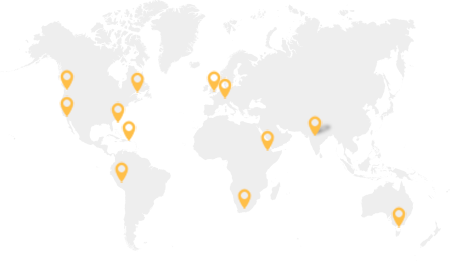 World map with yellow location pins in various countries, including the United States, Canada, Mexico, Brazil, Argentina, the United Kingdom, France, Germany, India, China, Japan, Australia, South Africa, and Kenya.