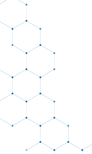 A molecular diagram with interconnected hexagons and lines.