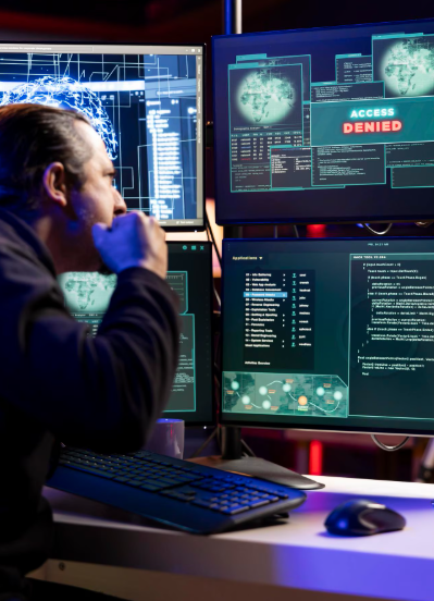 Cybersecurity expert working at a computer with multiple monitors displaying network data, hacking attempts, and an access denied message.
