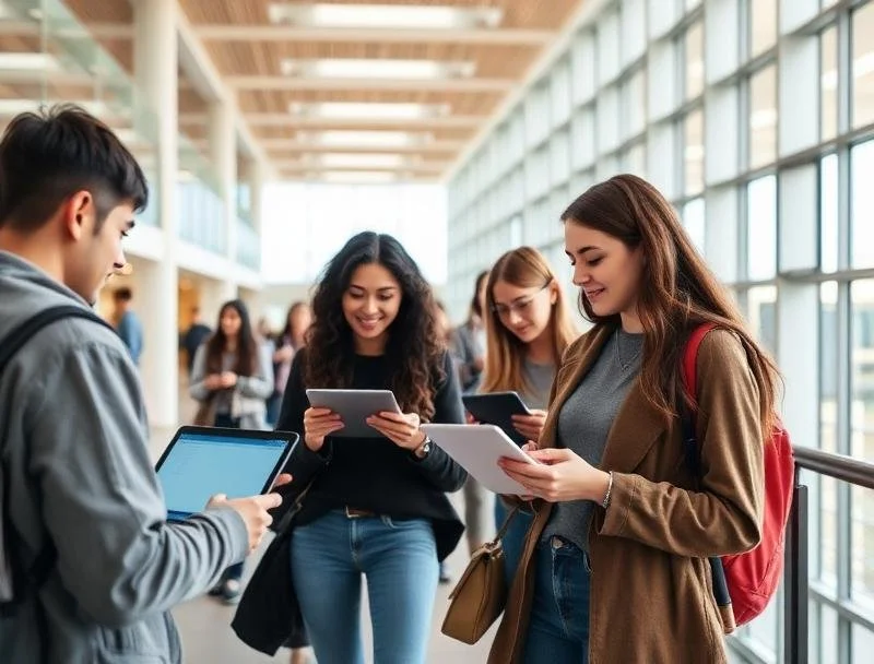 Group of young students using tablets and smartphones in a bright hallway.