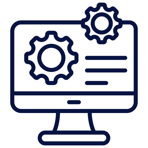 Line drawing of a computer monitor with two gear icons and lines representing settings or options