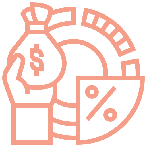 Line art illustration of a money bag with a dollar sign, a pie chart, and a speedometer, representing financial growth, savings, or investment concepts.
