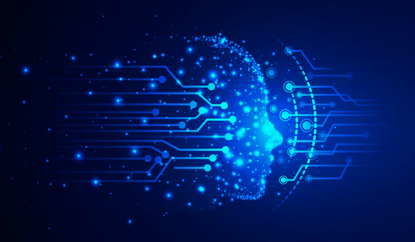 Digital illustration of a human head profile made of blue particles and various circuit lines, representing artificial intelligence or machine learning.