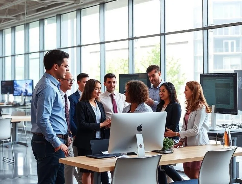 Business team gathered around a computer in a modern, glass-walled office.
