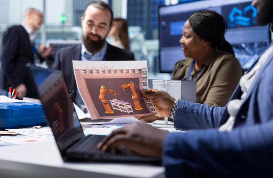 Business professionals in a conference room discussing robotic arm technology with a printed design of robotic arms on paper.