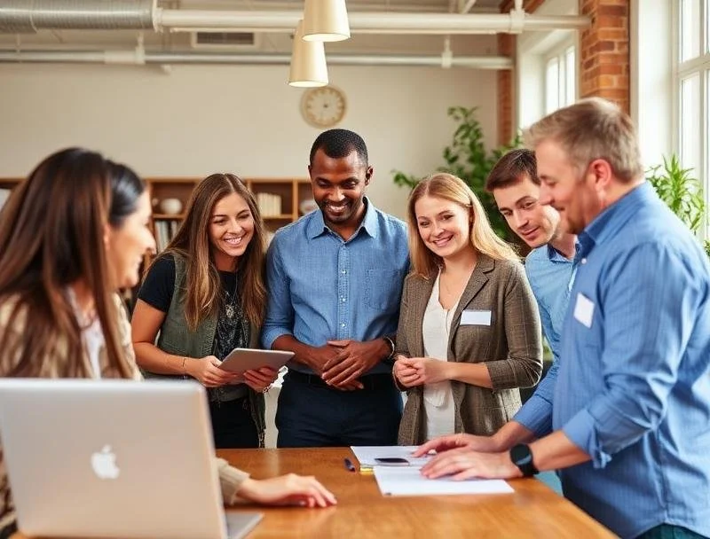 Group of six diverse professional people gathered around a table in an office, smiling and looking at a laptop and tablet.