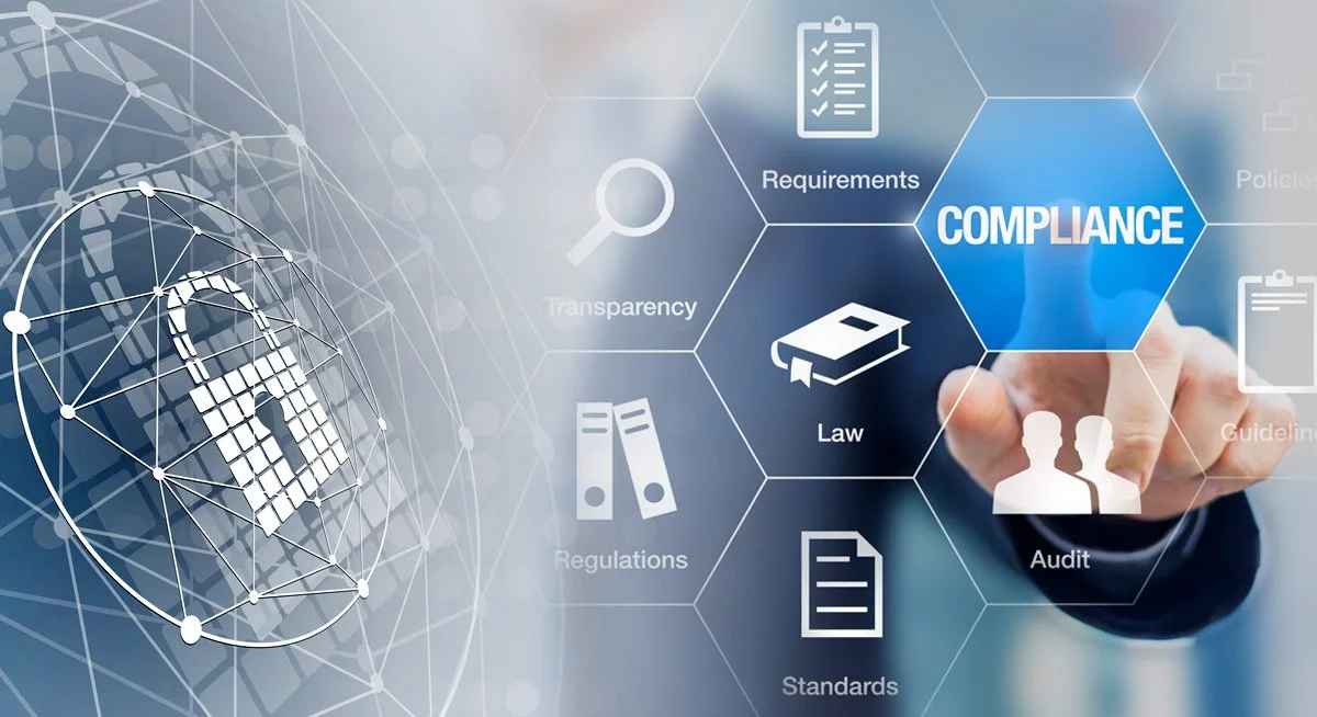 Digital image showing compliance concepts including a padlock, books, a clipboard, and icons representing requirements, transparency, law, regulations, standards, guidelines, and audit, with a person pointing at the word 'Compliance'.