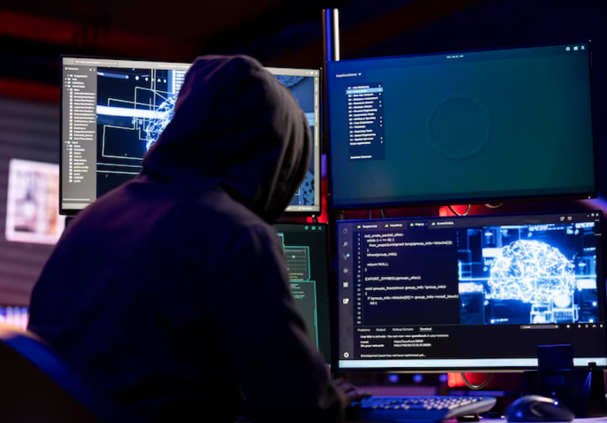 A person in a hoodie working at multiple computer monitors displaying code and digital graphics, in a dimly lit room with a dark background.