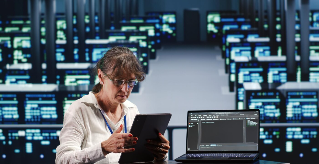 A woman in a white shirt and glasses looks at a tablet in a data center filled with server racks and blinking lights, with a laptop open on the table in front of her.
