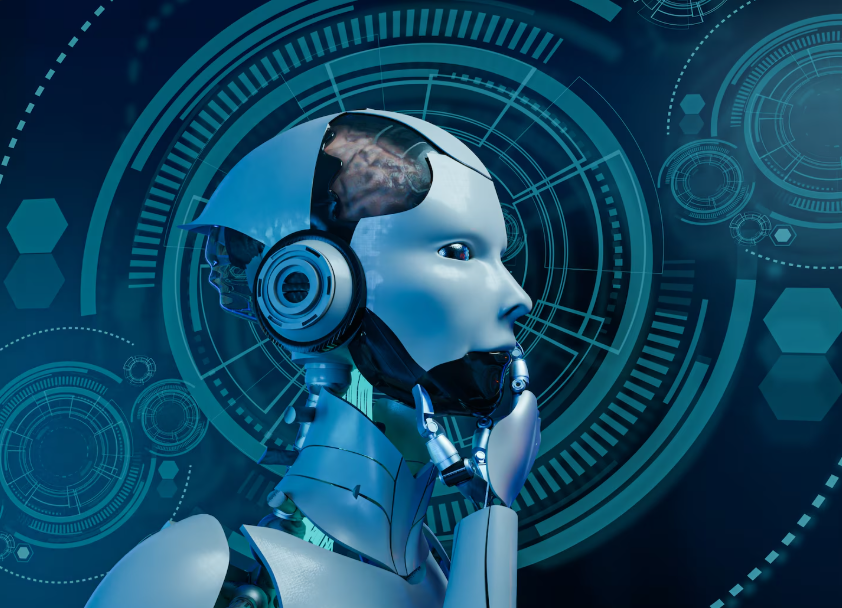 Futuristic robot with a human face and headset, surrounded by digital interface graphics in a high-tech setting.