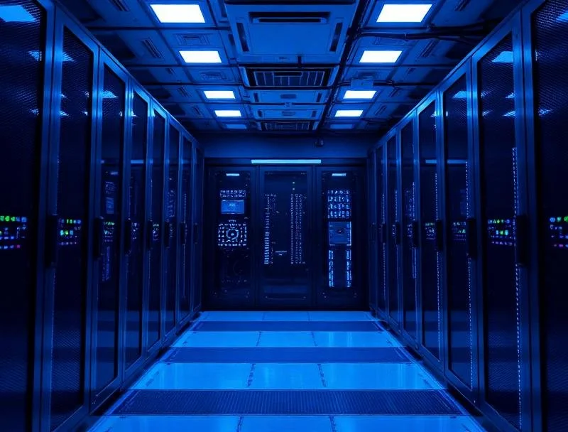 Interior of a data center or server room with multiple server racks illuminated by blue LED lighting.